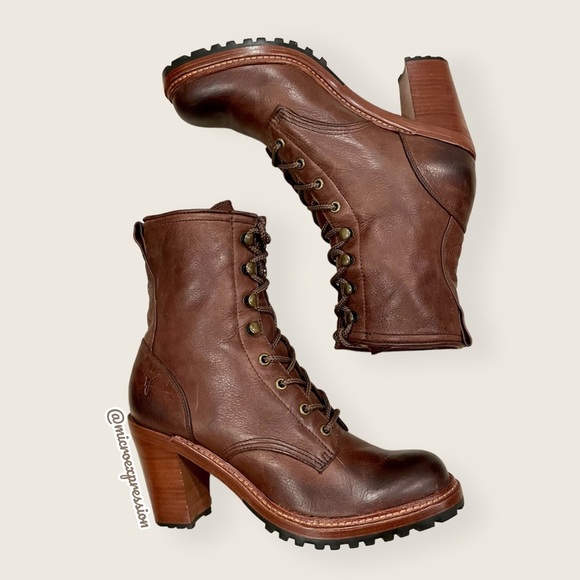 $498 Frye Lucy Vintage Lace-Up Distressed Cognac Brown Leather Heeled Ankle Boot - Picture 1 of 11